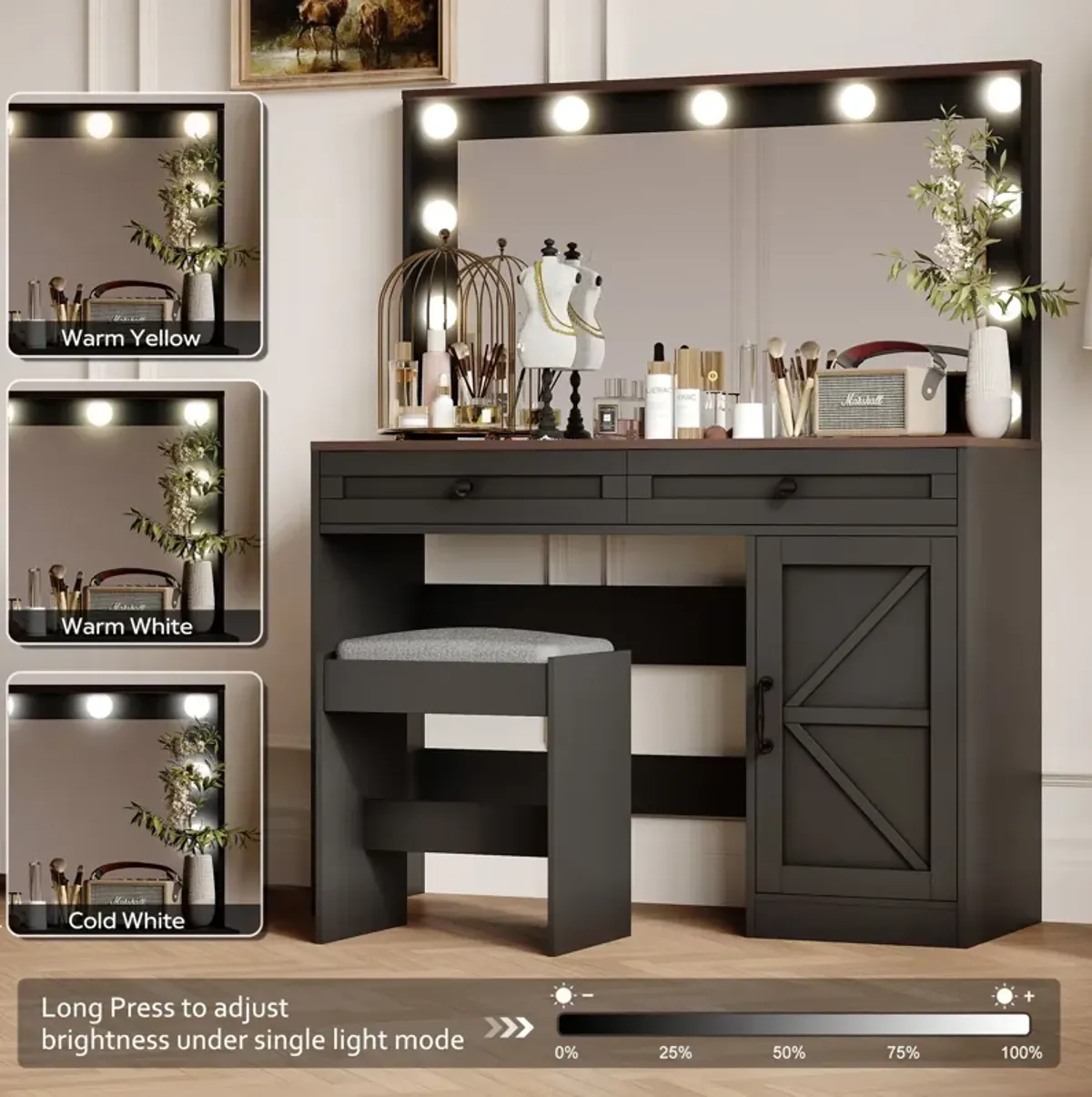 Makeup Vanity Table, Makeup Table With Large Mirror And 11 LED Light, Brightness Adjustable, Dressing Table Desk With 3 Drawers, Vanity Desk For Women (With Stool)