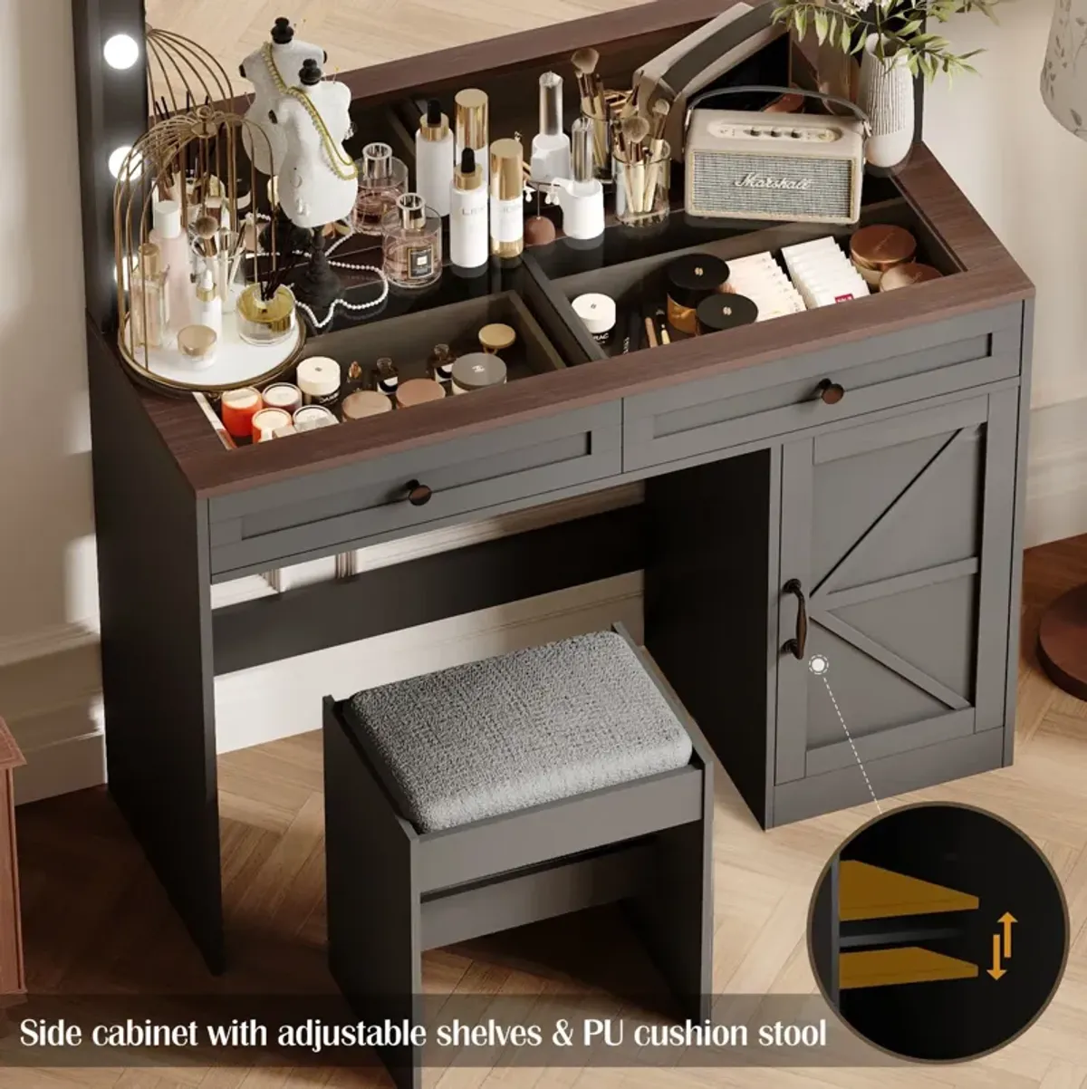 Makeup Vanity Table, Makeup Table With Large Mirror And 11 LED Light, Brightness Adjustable, Dressing Table Desk With 3 Drawers, Vanity Desk For Women (With Stool)