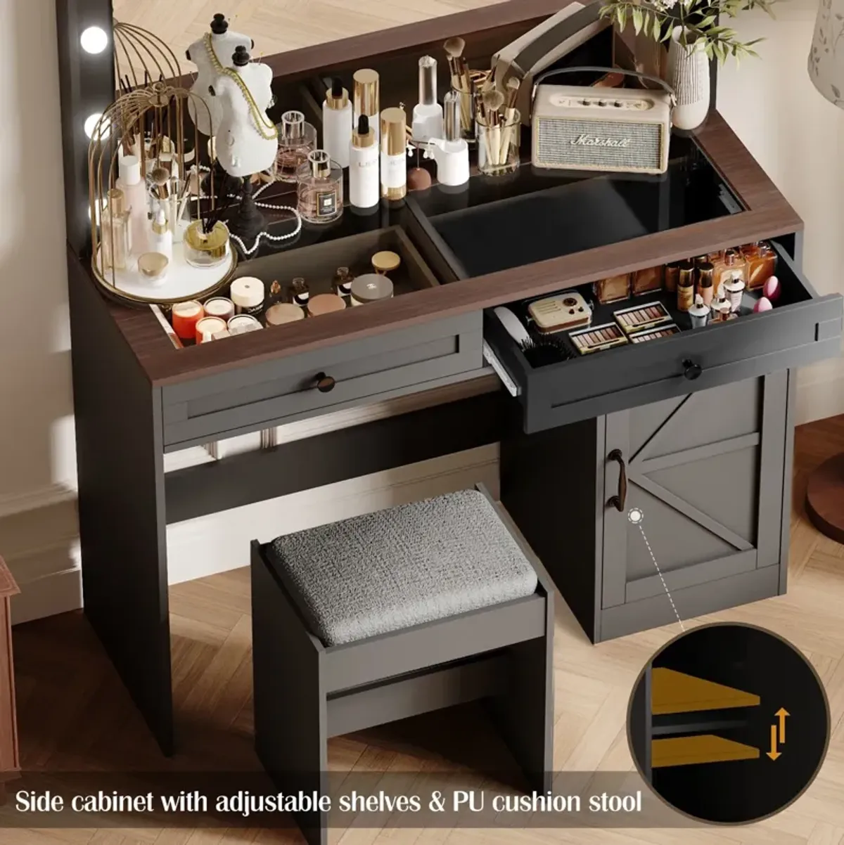 Makeup Vanity Table, Makeup Table With Large Mirror And 11 LED Light, Brightness Adjustable, Dressing Table Desk With 3 Drawers, Vanity Desk For Women (With Stool)