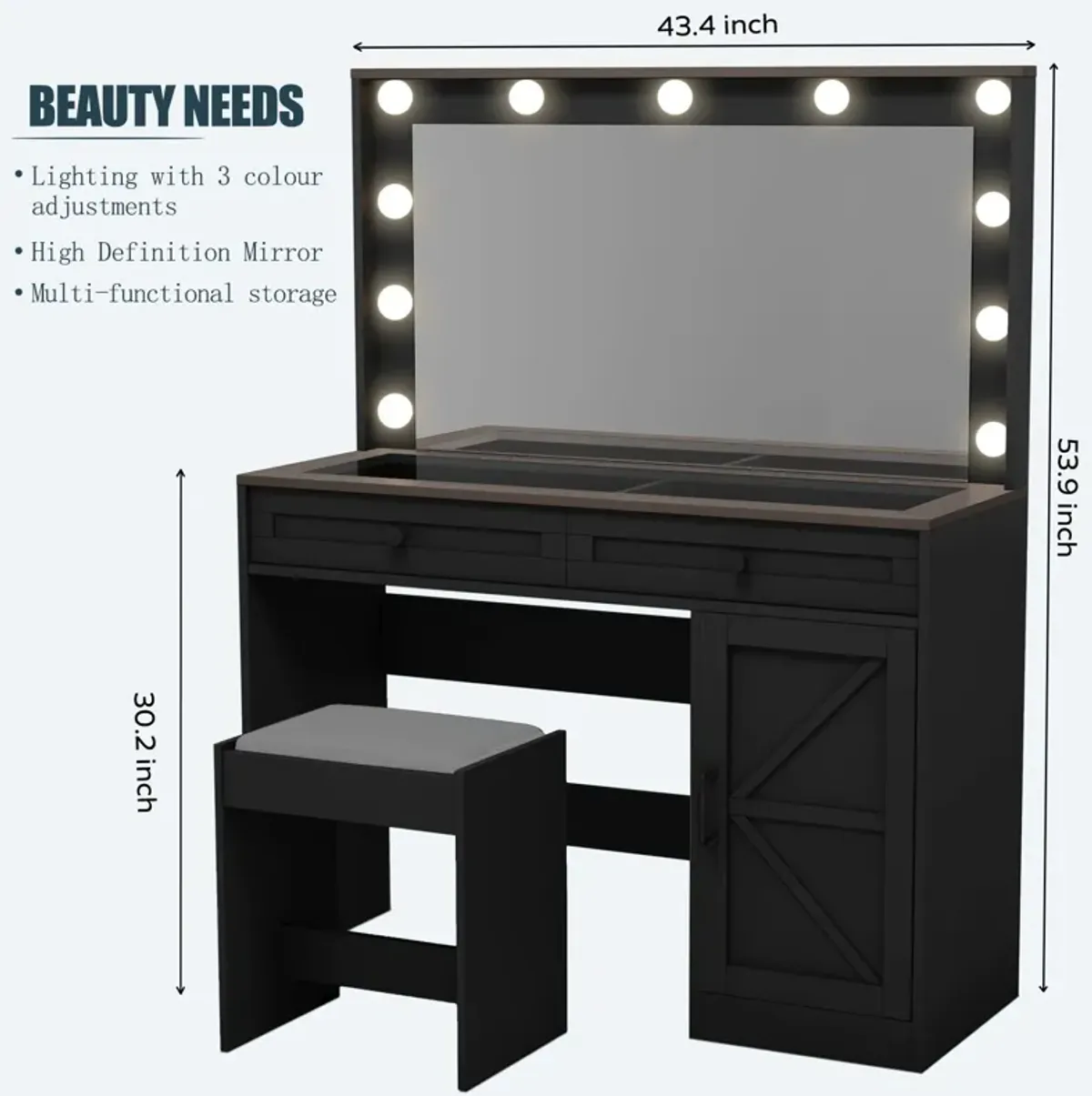 Makeup Vanity Table, Makeup Table With Large Mirror And 11 LED Light, Brightness Adjustable, Dressing Table Desk With 3 Drawers, Vanity Desk For Women (With Stool)