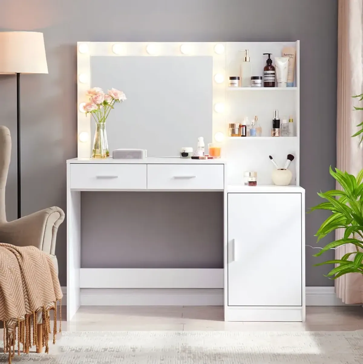 Vanity Desk With Mirror And Lights, 46.4In Dressing Table With 2 Large Drawer & Large Vertical Organizer, 3 Level Dresser & 3 Lighting Modes Adjustable Brightness, Suitable For Bedroom