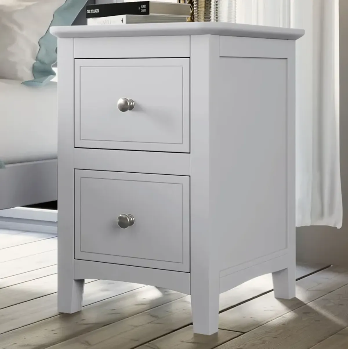 2 Drawers Solid Wood Nightstand End Table - White