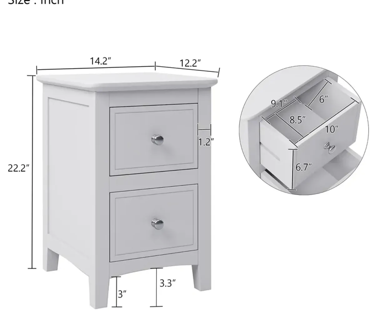 2 Drawers Solid Wood Nightstand End Table - White