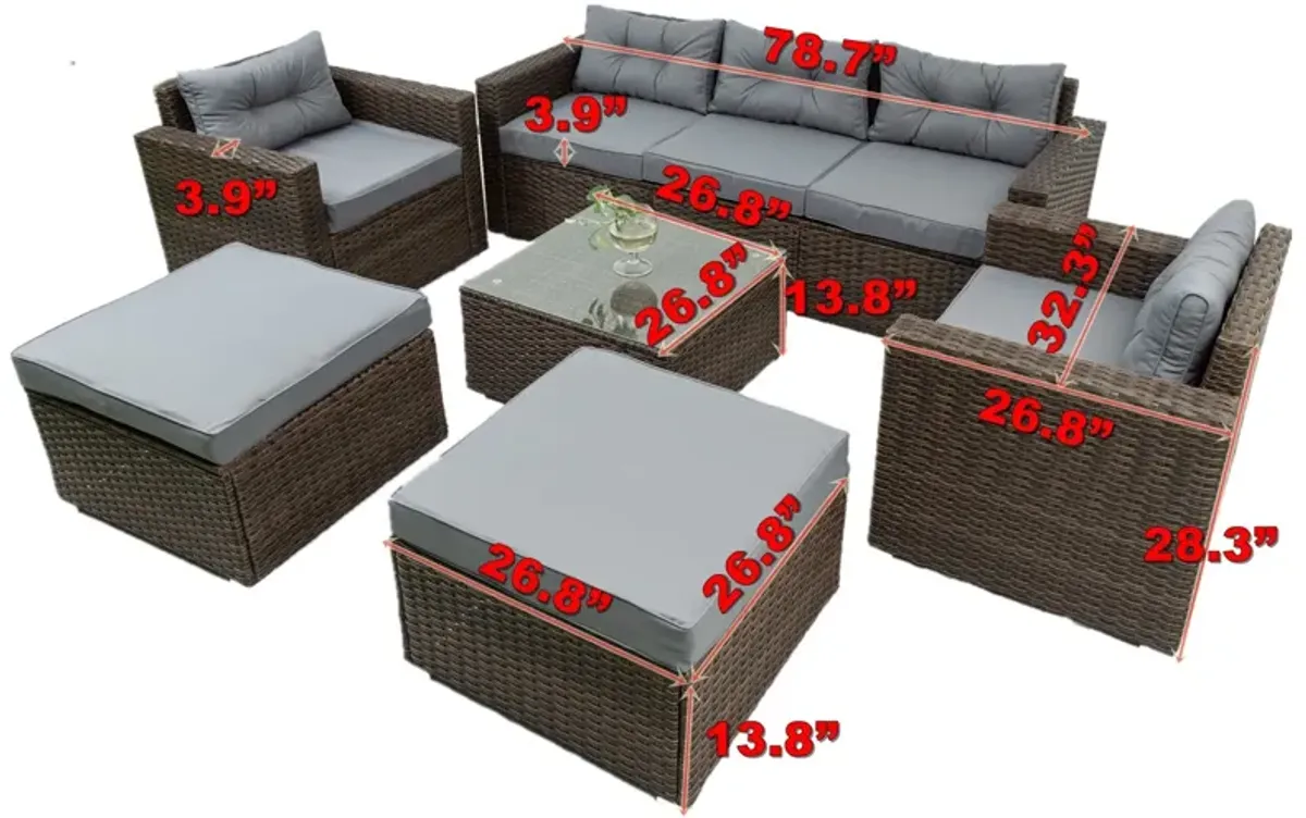 6 Piece Patio Rattan Wicker Outdoor Furniture Conversation Sofa Set With Removeable Cushions And Temper Glass Tabletop - Brown