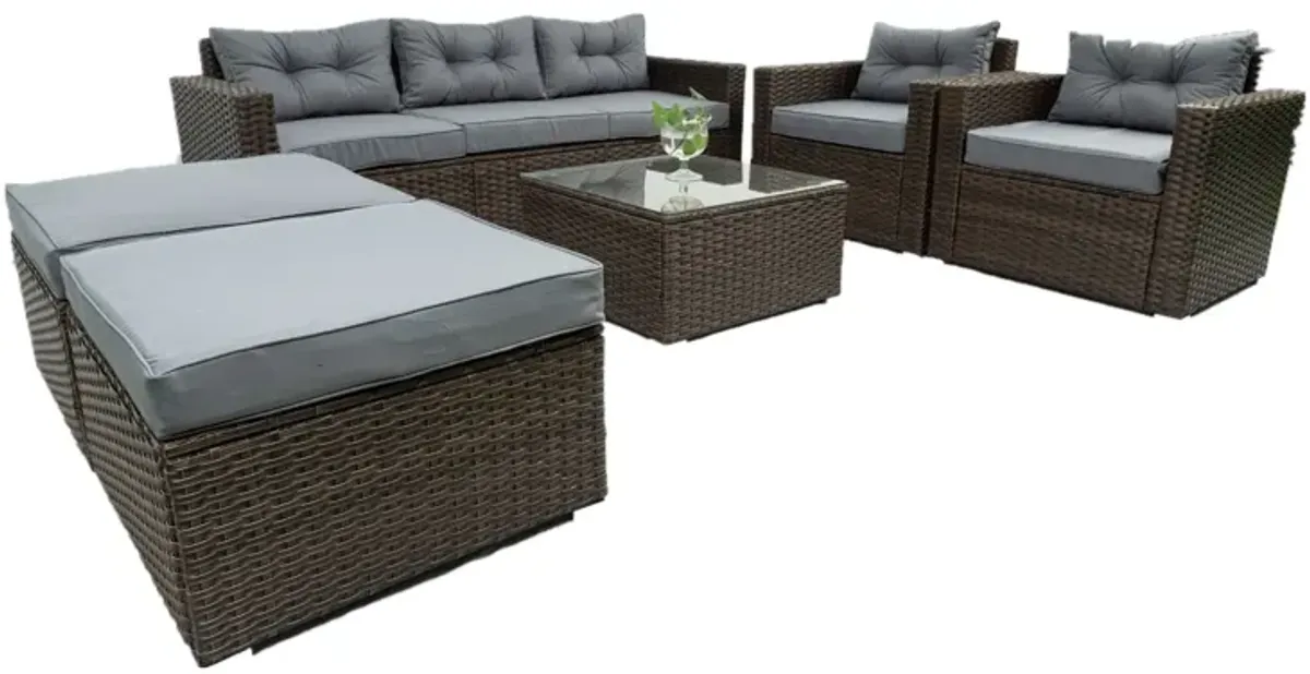 6 Piece Patio Rattan Wicker Outdoor Furniture Conversation Sofa Set With Removeable Cushions And Temper Glass Tabletop - Brown