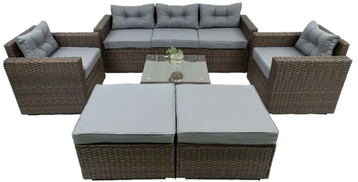 6 Piece Patio Rattan Wicker Outdoor Furniture Conversation Sofa Set With Removeable Cushions And Temper Glass Tabletop - Brown