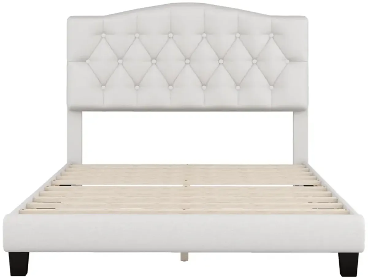 Full Upholstered Platform Bed With Saddle Curved Headboard And Diamond Tufted Details - Beige