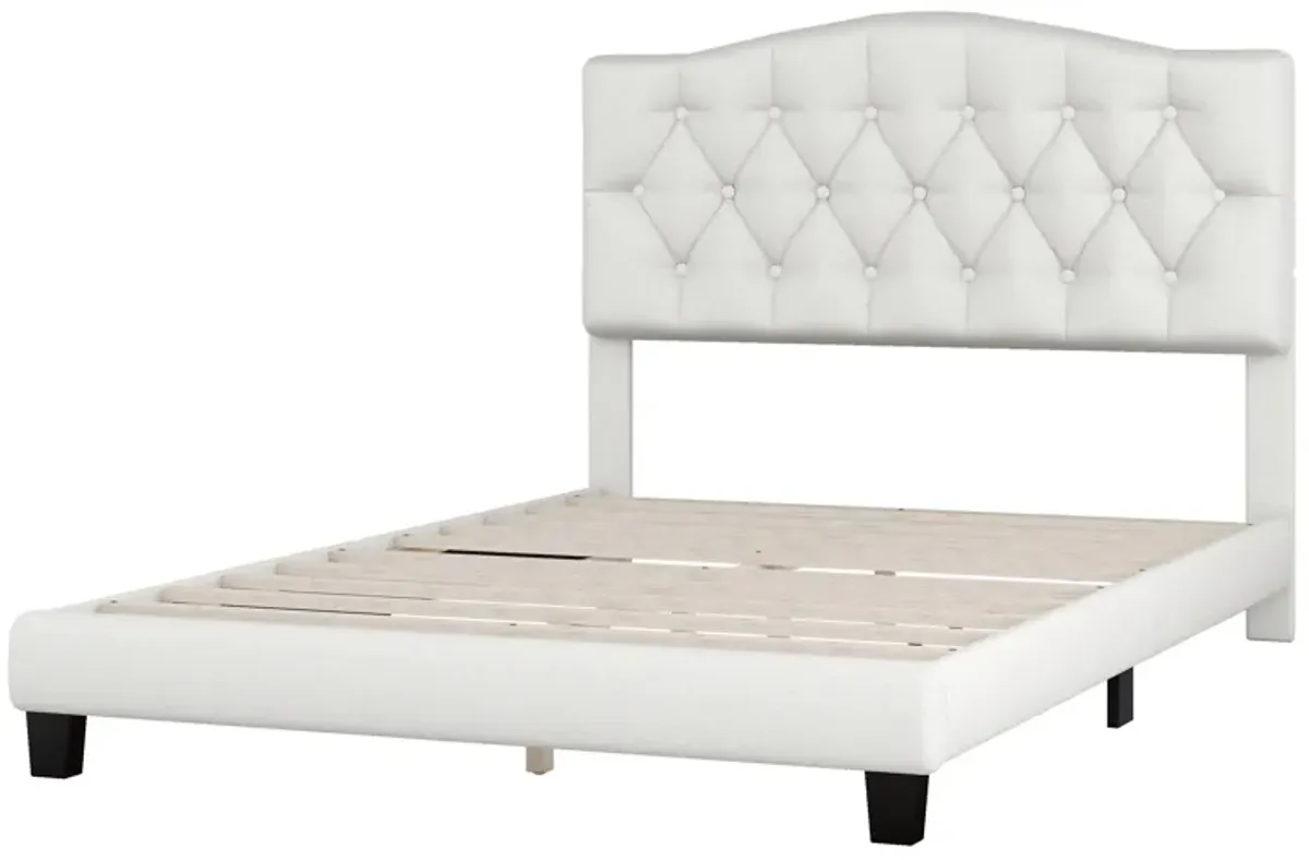 Full Upholstered Platform Bed With Saddle Curved Headboard And Diamond Tufted Details - Beige