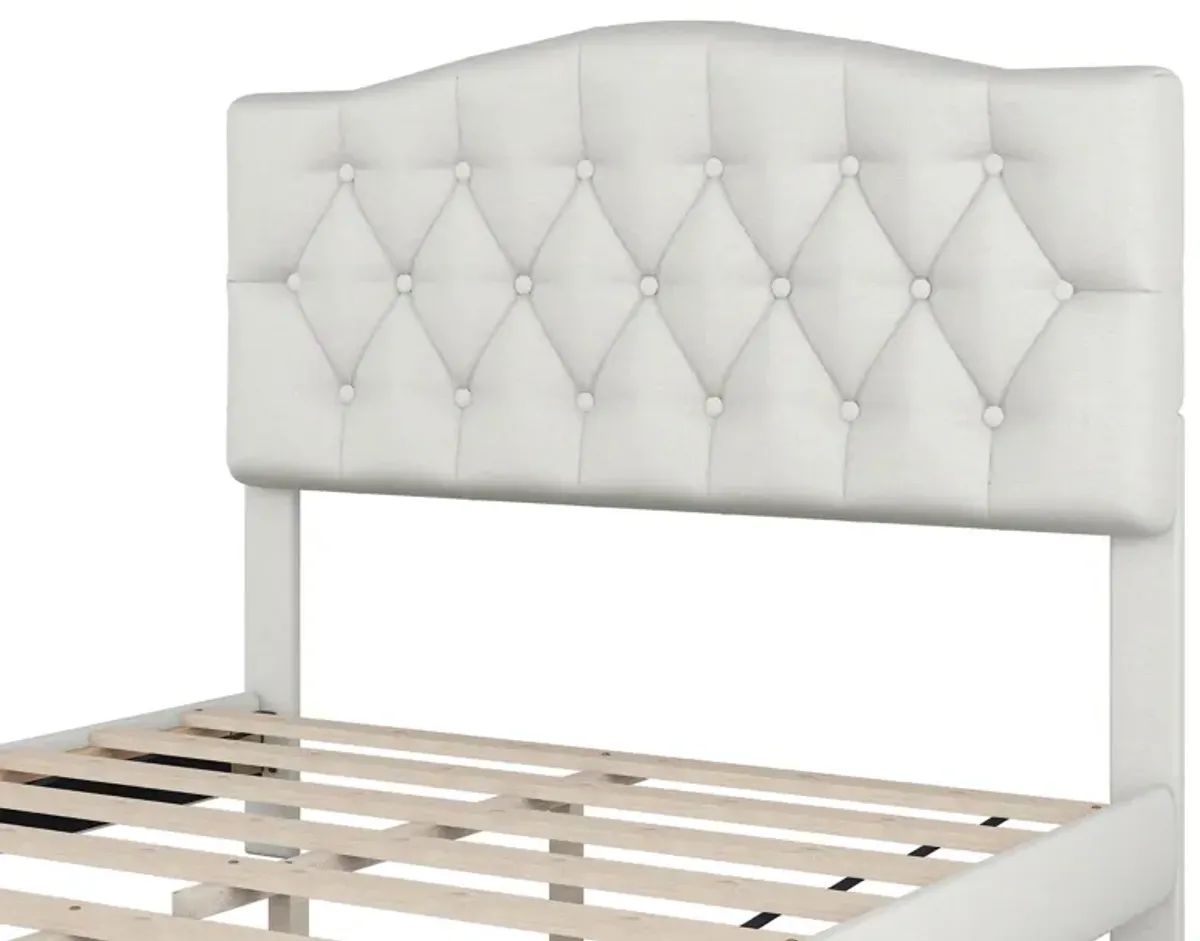 Full Upholstered Platform Bed With Saddle Curved Headboard And Diamond Tufted Details - Beige