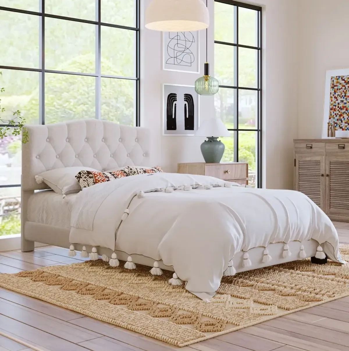 Full Upholstered Platform Bed With Saddle Curved Headboard And Diamond Tufted Details - Beige