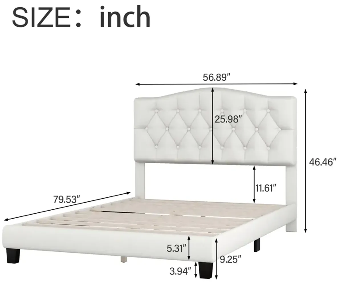 Full Upholstered Platform Bed With Saddle Curved Headboard And Diamond Tufted Details - Beige