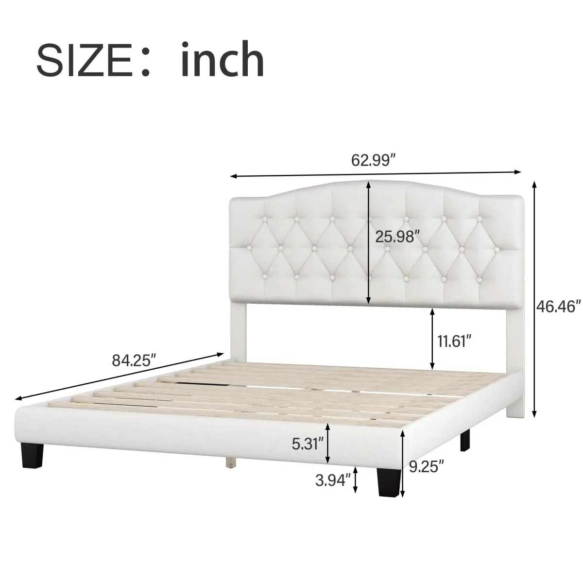 Queen Upholstered Platform Bed With Saddle Curved Headboard And Diamond Tufted Details - Beige