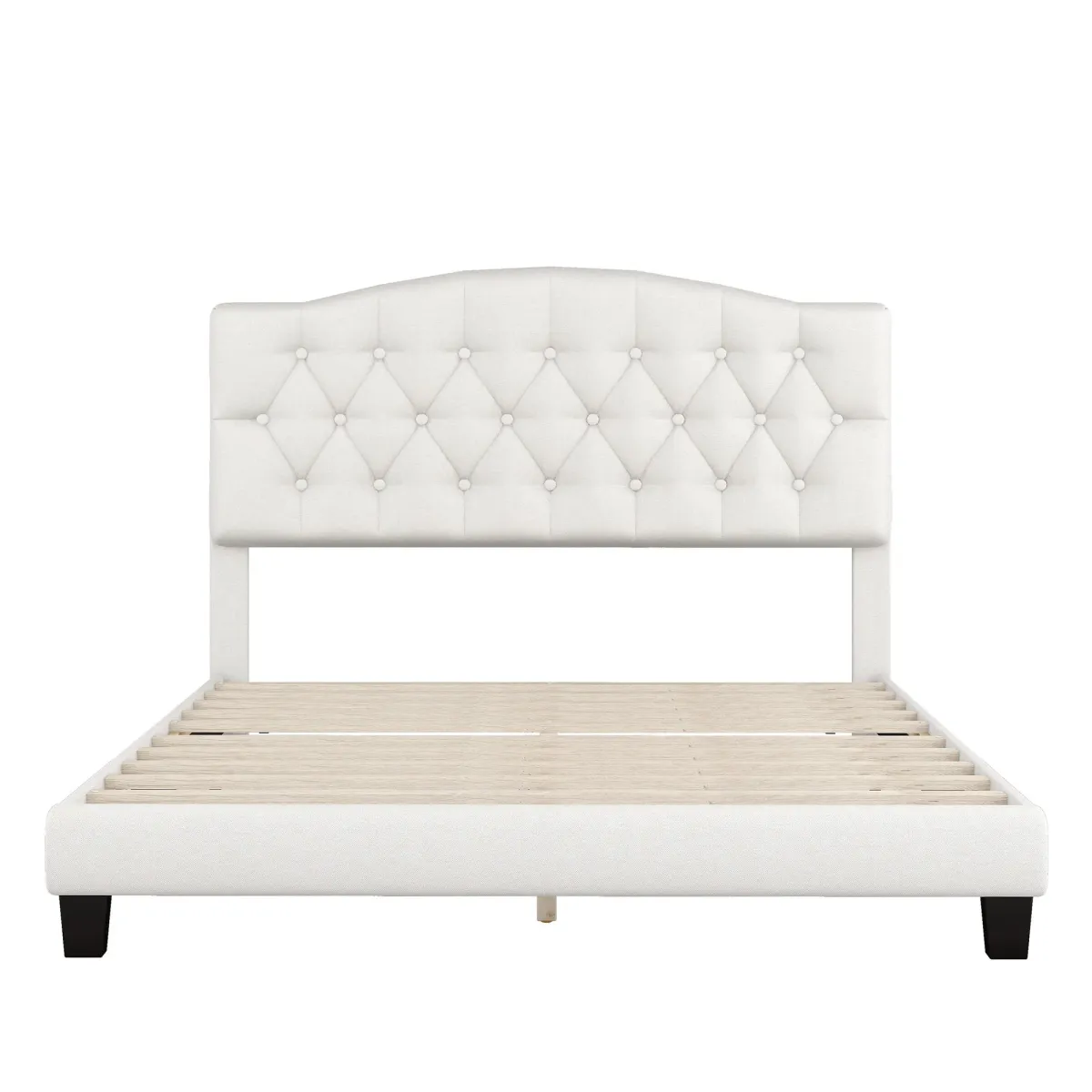 Queen Upholstered Platform Bed With Saddle Curved Headboard And Diamond Tufted Details - Beige