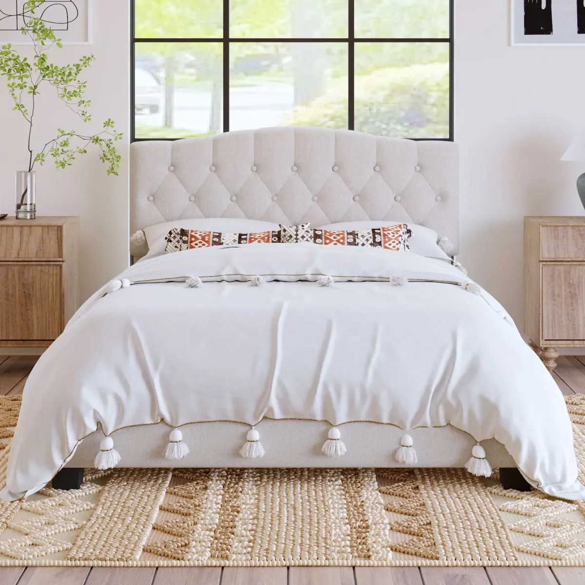 Queen Upholstered Platform Bed With Saddle Curved Headboard And Diamond Tufted Details - Beige