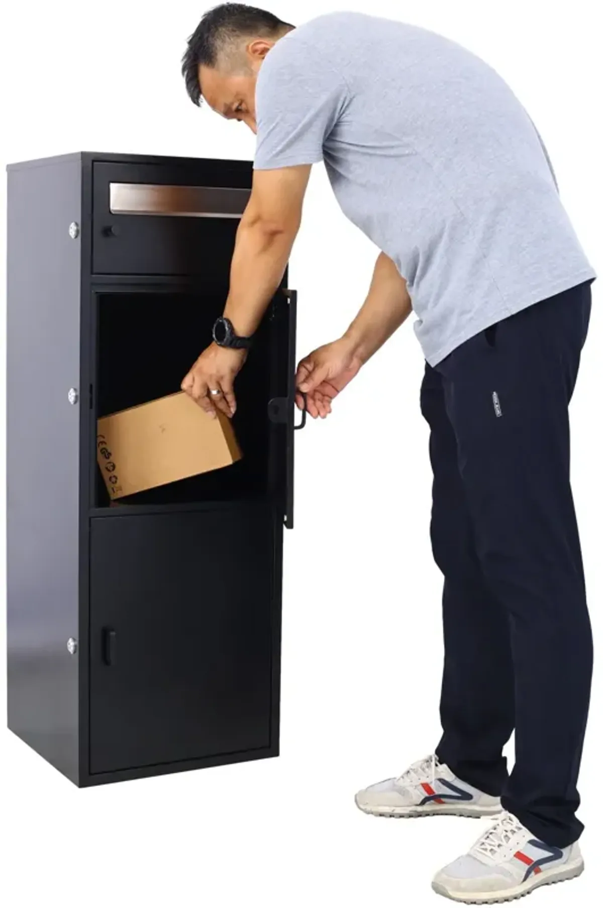 Large Steel Freestanding Floor Parcel Package Drop With Locking Letterbox Drop Mail Box With Multi Compartments - Black