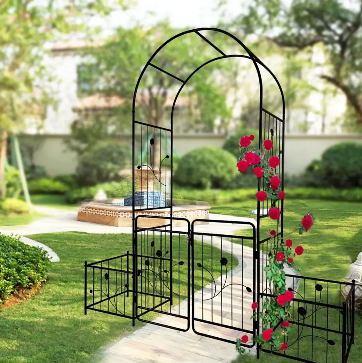 Metal Garden Arch With Gate Wide High Climbing Plants Support Rose Arch Outdoor - Black