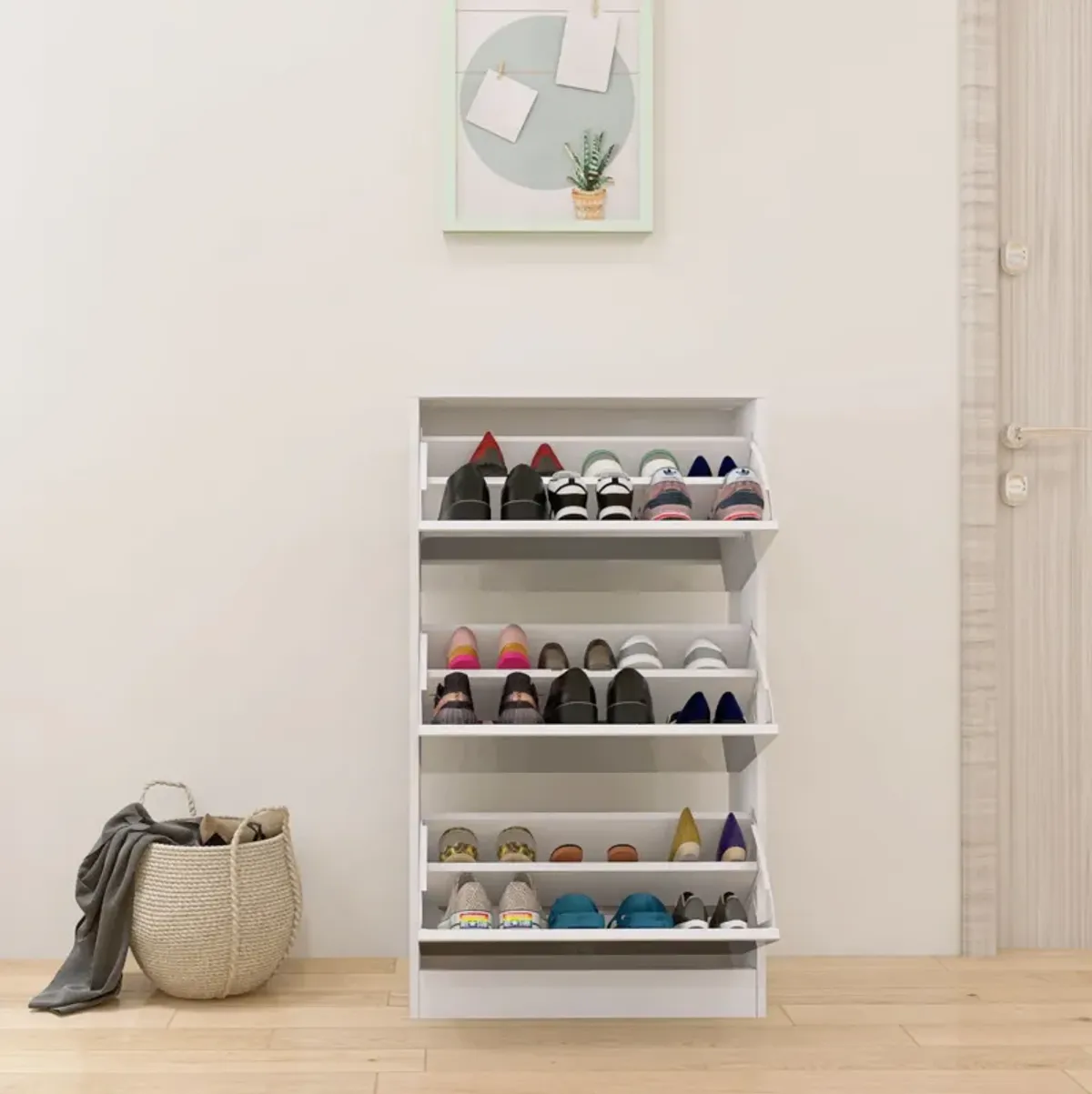 Narrow Shoe Storage Cabinet With Mirror, Wood Slim Shoe Rack 3 Tier Shoe Organizer For Home And Apartment - White