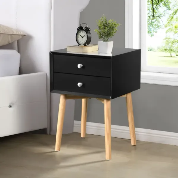 Bedside Table With 2 Drawers Mid-Century Modern Storage Cabinet For Bedroom