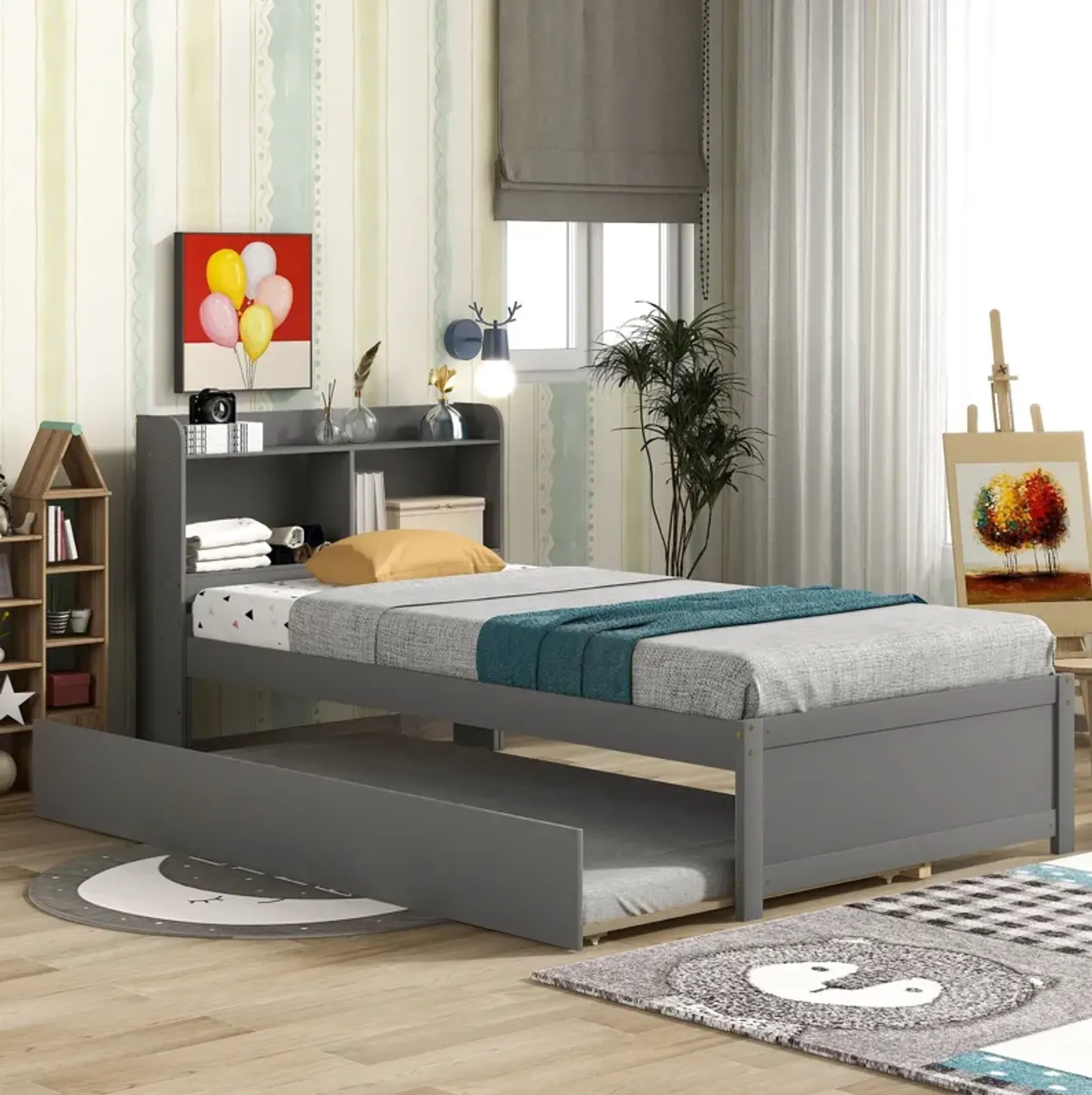 Twin Bed With Trundle, Bookcase