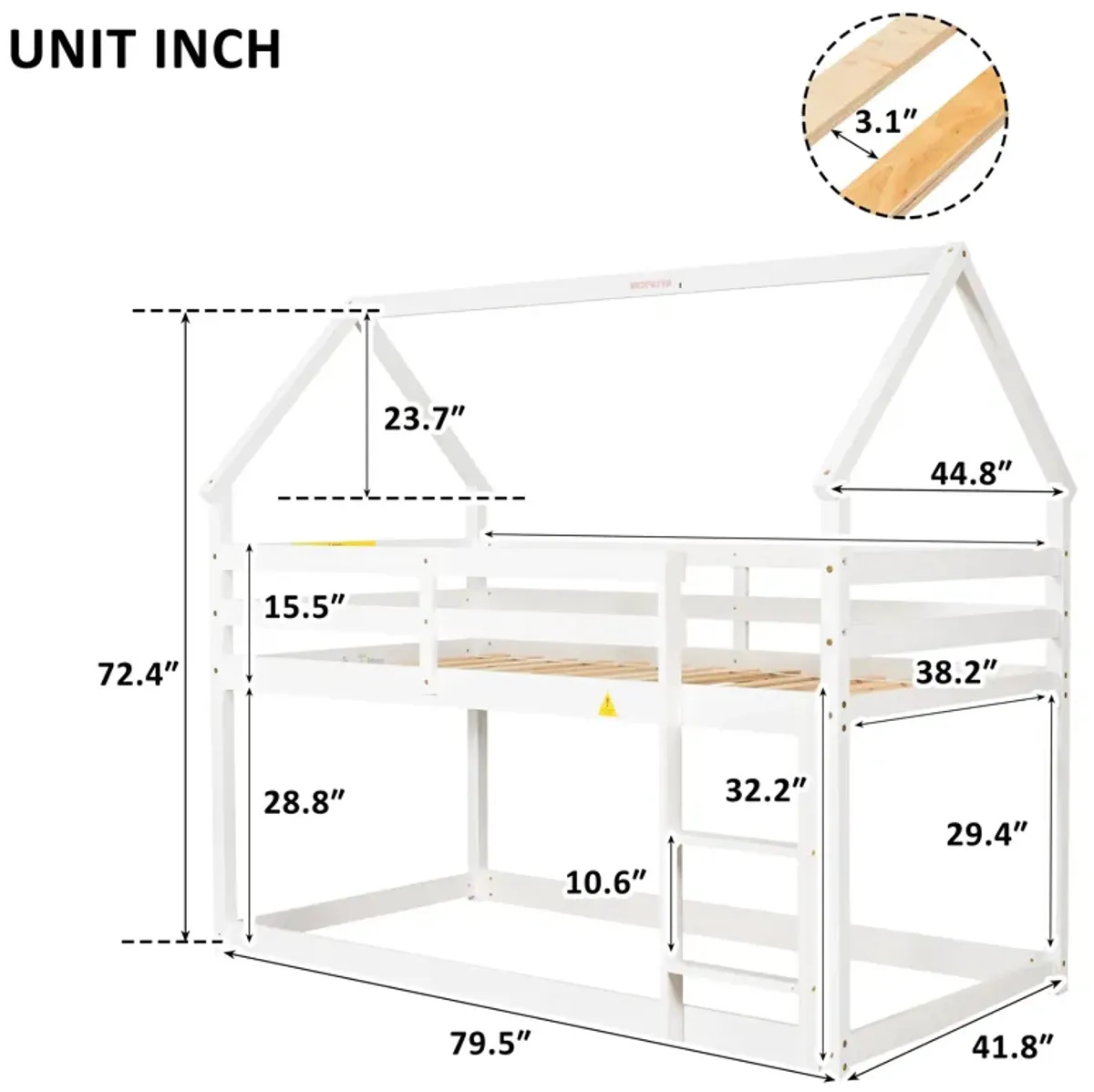 Twin Over Twin Loft Bed With Roof Design, Safety Guardrail, Ladder