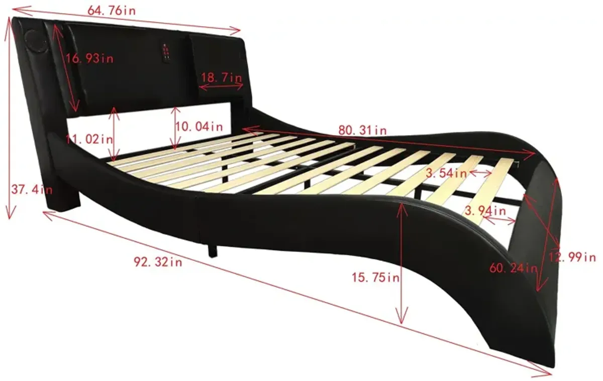 Upholstered Platform Bed Frame With LED Lighting, Bluetooth Connection To Play Music Control, Backrest Vibration Massage, Curve Design, Wood Slat Support, Exhibited Speakers