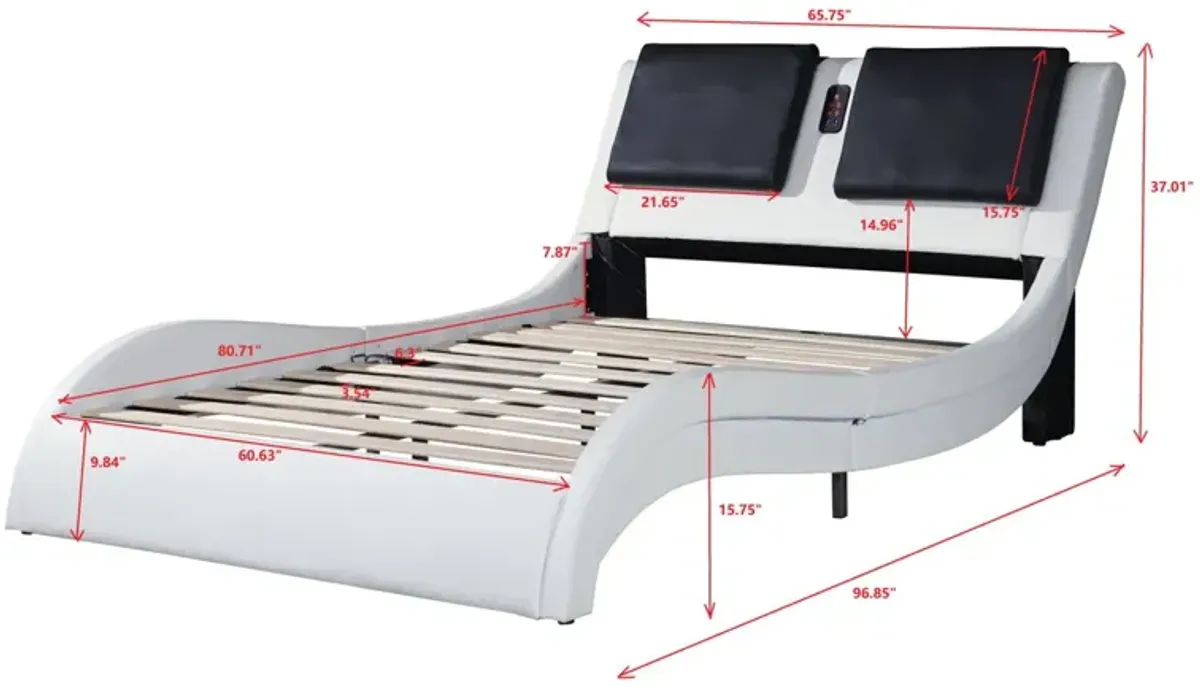 Upholstered Platform Bed Frame With LED Lighting, Bluetooth Connection To Play Music Control, Backrest Vibration Massage, Curve Design, Wood Slat Support, Exhibited Speakers