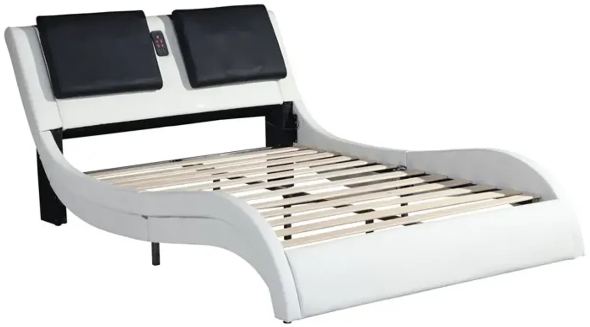 Upholstered Platform Bed Frame With LED Lighting, Bluetooth Connection To Play Music Control, Backrest Vibration Massage, Curve Design, Wood Slat Support, Exhibited Speakers