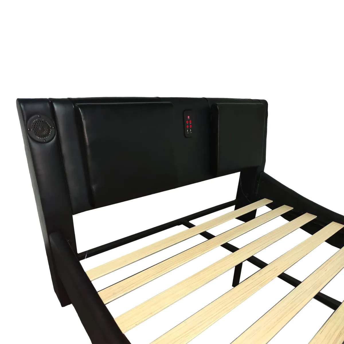 Upholstered Platform Bed Frame With LED Lighting, Bluetooth Connection To Play Music Control, Backrest Vibration Massage, Curve Design, Wood Slat Support, Exhibited Speakers