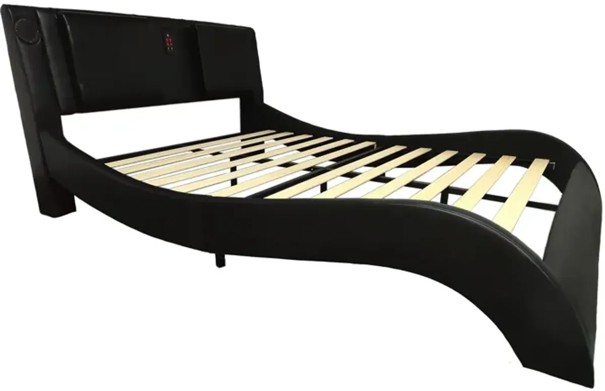 Upholstered Platform Bed Frame With LED Lighting, Bluetooth Connection To Play Music Control, Backrest Vibration Massage, Curve Design, Wood Slat Support, Exhibited Speakers