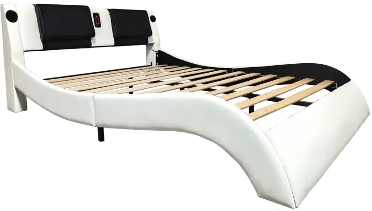 Upholstered Platform Bed Frame With LED Lighting, Bluetooth Connection To Play Music Control, Backrest Vibration Massage, Curve Design, Wood Slat Support, Exhibited Speakers