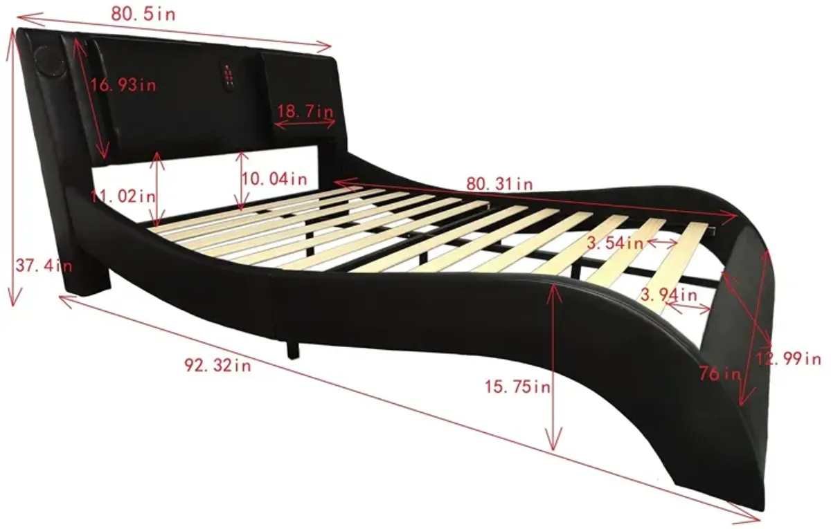 Upholstered Platform Bed Frame With LED Lighting, Bluetooth Connection To Play Music Control, Backrest Vibration Massage, Curve Design, Wood Slat Support, Exhibited Speakers