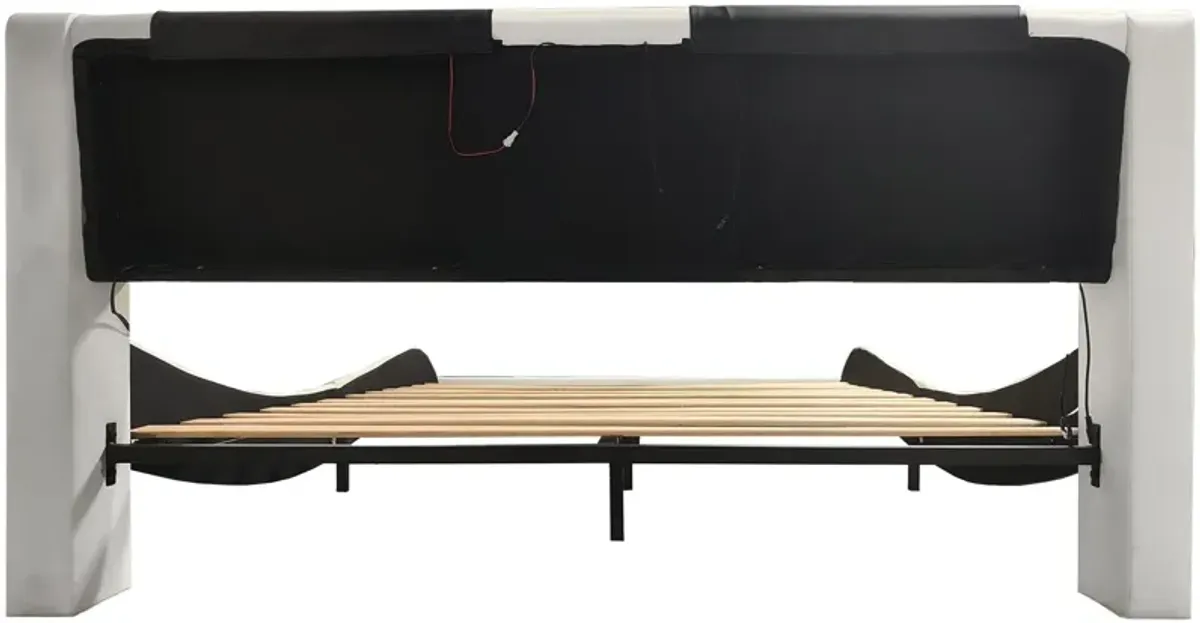 Upholstered Platform Bed Frame With LED Lighting, Bluetooth Connection To Play Music Control, Backrest Vibration Massage, Curve Design, Wood Slat Support, Exhibited Speakers