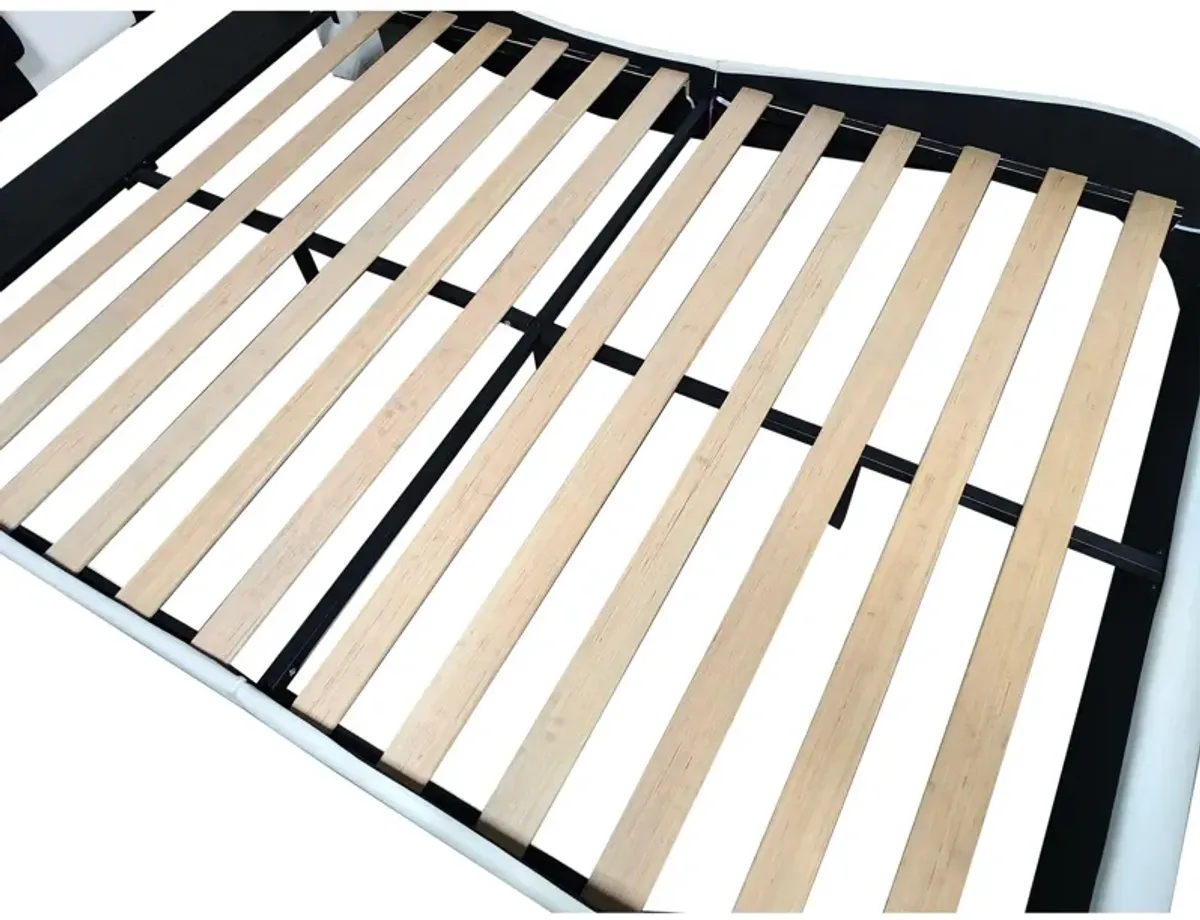 Upholstered Platform Bed Frame With LED Lighting, Bluetooth Connection To Play Music Control, Backrest Vibration Massage, Curve Design, Wood Slat Support, Exhibited Speakers