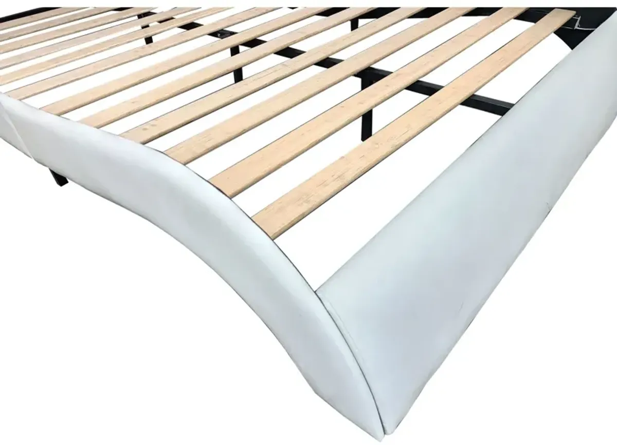 Upholstered Platform Bed Frame With LED Lighting, Bluetooth Connection To Play Music Control, Backrest Vibration Massage, Curve Design, Wood Slat Support, Exhibited Speakers