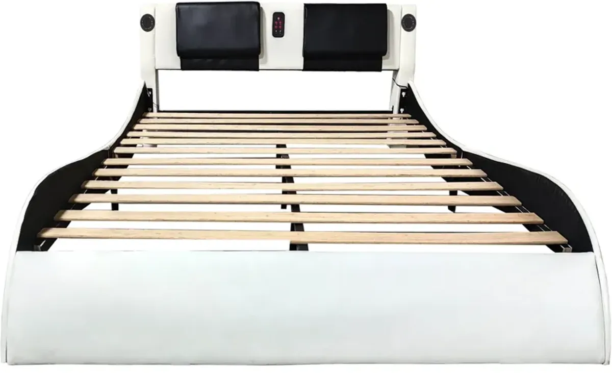 Upholstered Platform Bed Frame With LED Lighting, Bluetooth Connection To Play Music Control, Backrest Vibration Massage, Curve Design, Wood Slat Support, Exhibited Speakers