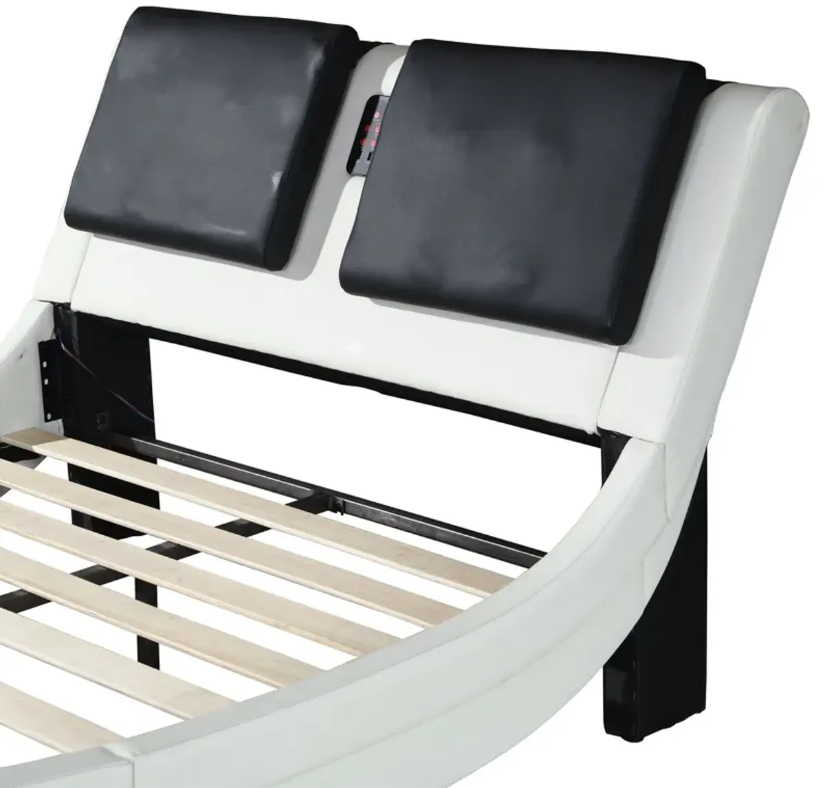 Upholstered Platform Bed Frame With LED Lighting, Bluetooth Connection To Play Music Control, Backrest Vibration Massage, Curve Design, Wood Slat Support, Exhibited Speakers