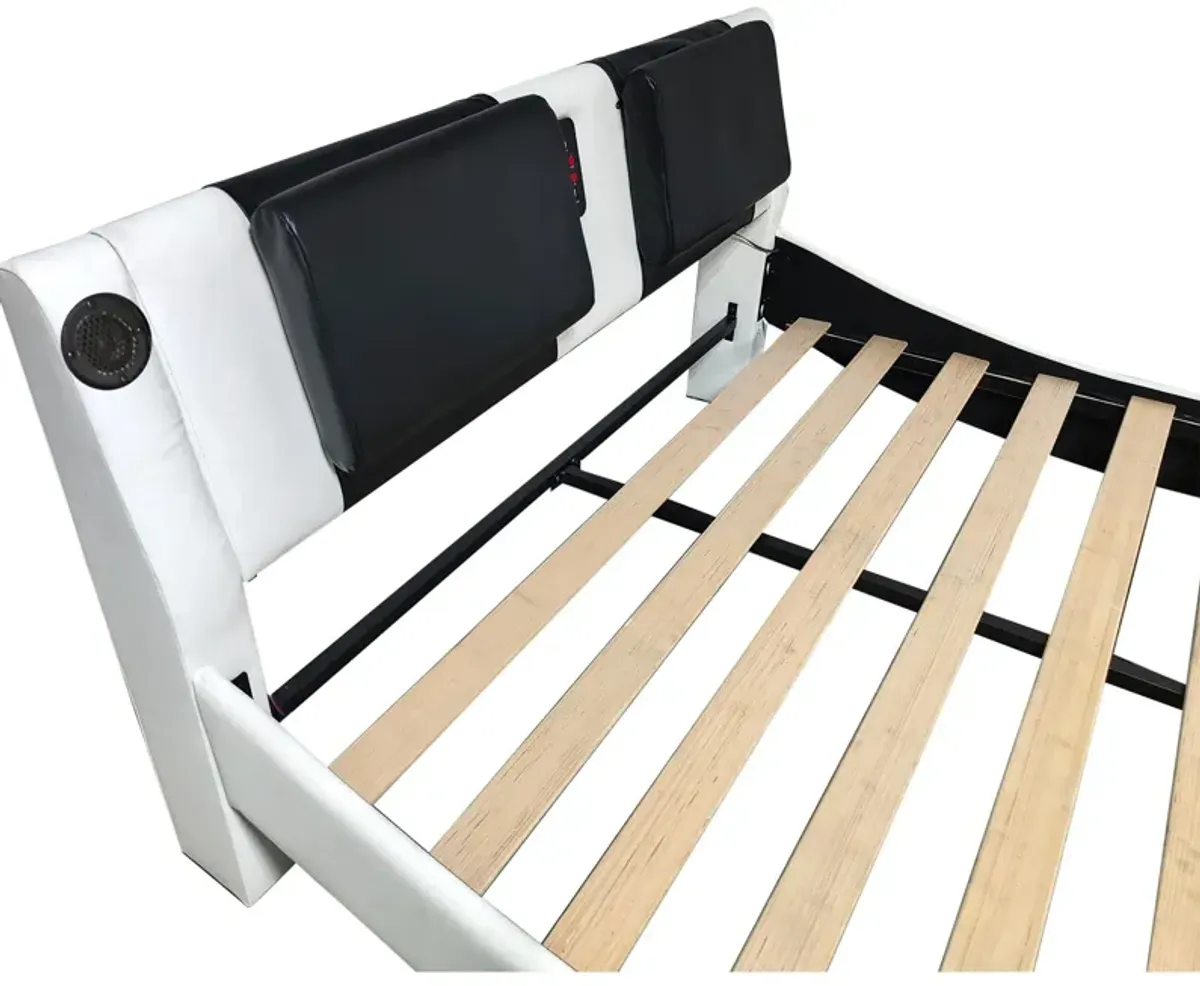 Upholstered Platform Bed Frame With LED Lighting, Bluetooth Connection To Play Music Control, Backrest Vibration Massage, Curve Design, Wood Slat Support, Exhibited Speakers