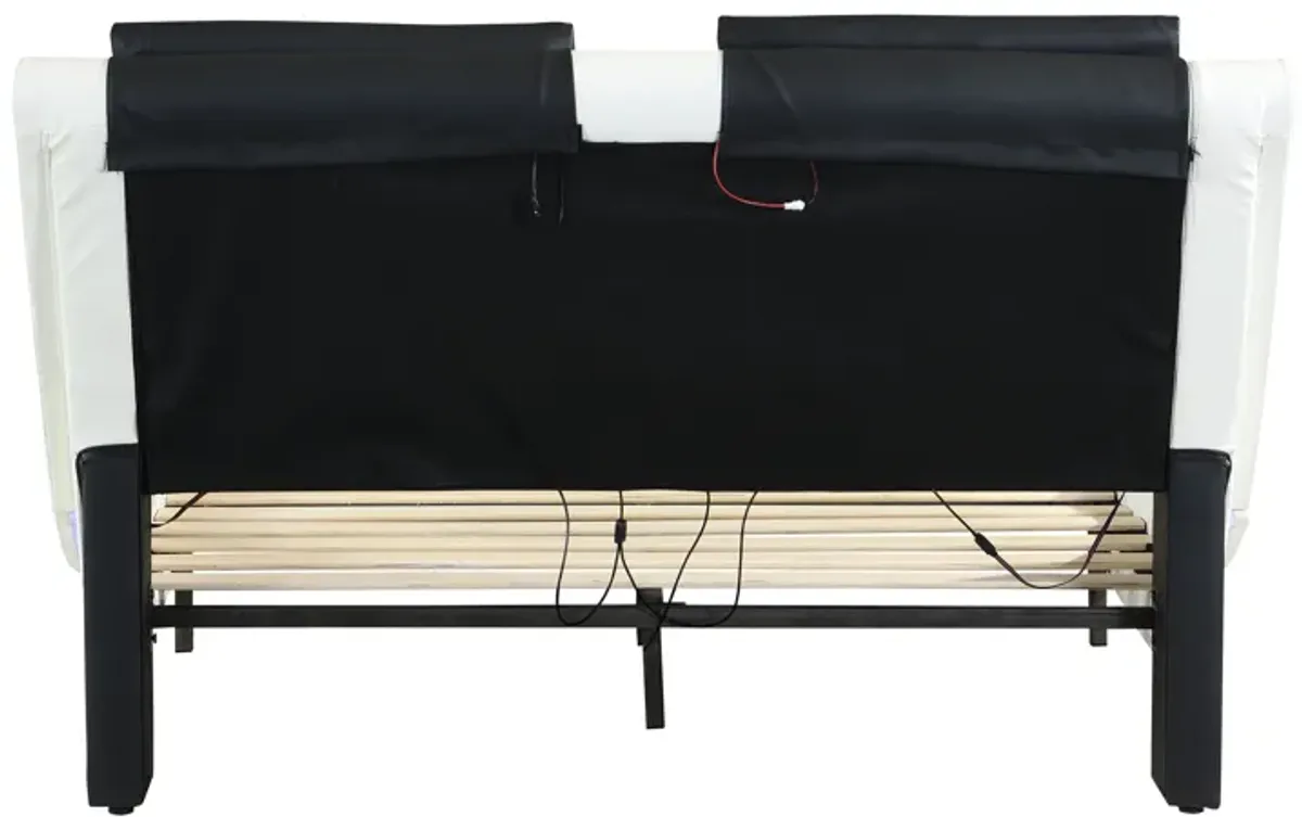 Upholstered Platform Bed Frame With LED Lighting, Bluetooth Connection To Play Music Control, Backrest Vibration Massage, Curve Design, Wood Slat Support, Exhibited Speakers