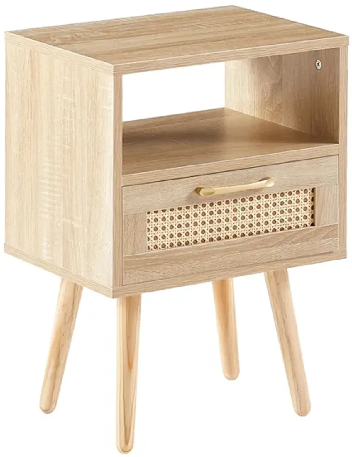 15.75" Rattan End Table With Drawer And Solid Wood Legs, Modern Nightstand, Side Table For Living Room, Bedroom