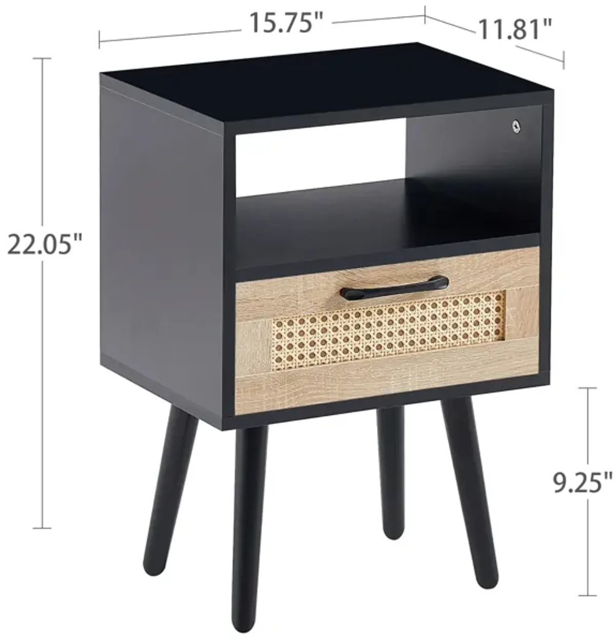 15.75" Rattan End Table With Drawer And Solid Wood Legs, Modern Nightstand, Side Table For Living Room, Bedroom