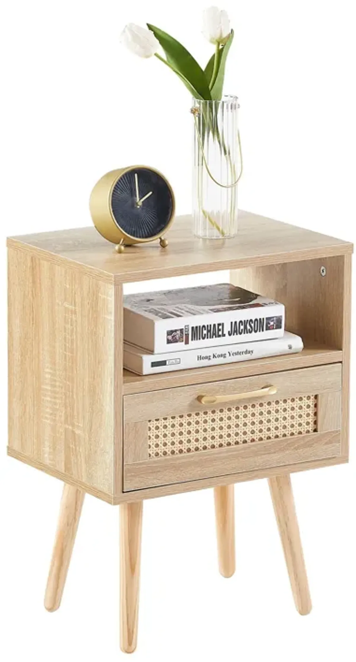 15.75" Rattan End Table With Drawer And Solid Wood Legs, Modern Nightstand, Side Table For Living Room, Bedroom