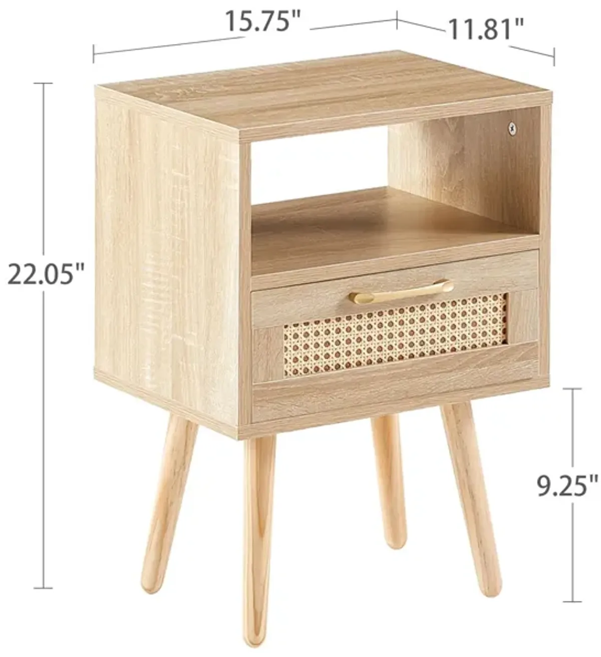 15.75" Rattan End Table With Drawer And Solid Wood Legs, Modern Nightstand, Side Table For Living Room, Bedroom