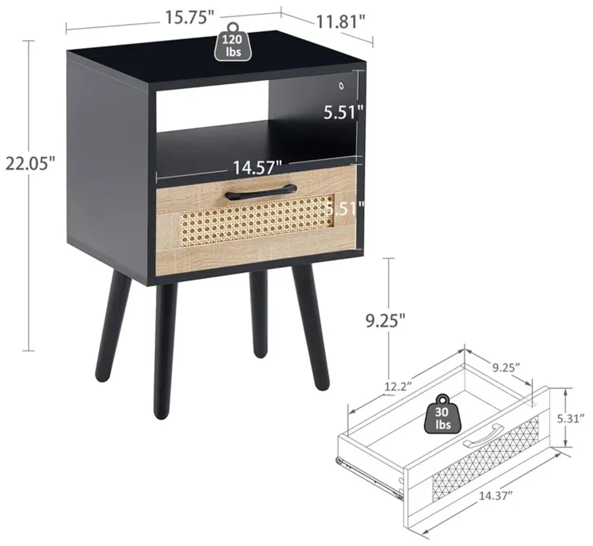 15.75" Rattan End Table With Drawer And Solid Wood Legs, Modern Nightstand, Side Table For Living Room, Bedroom