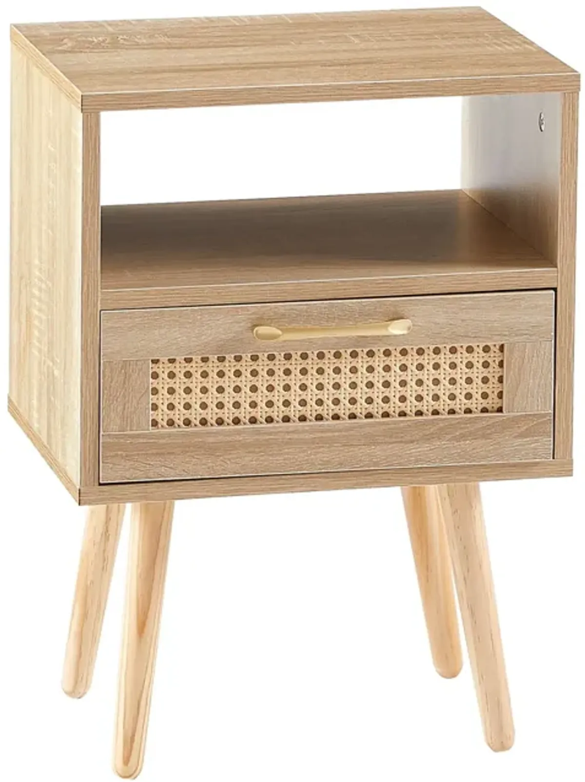 15.75" Rattan End Table With Drawer And Solid Wood Legs, Modern Nightstand, Side Table For Living Room, Bedroom