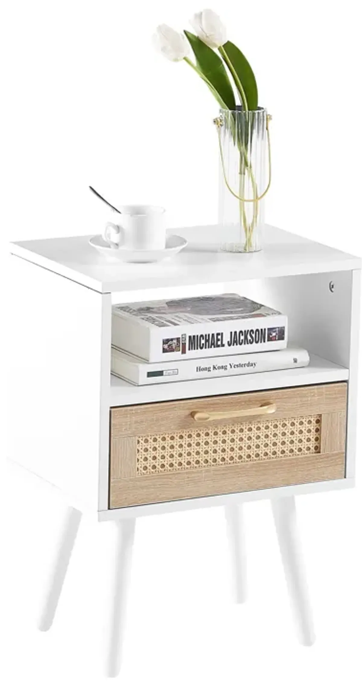 15.75" Rattan End Table With Drawer And Solid Wood Legs, Modern Nightstand, Side Table For Living Room, Bedroom