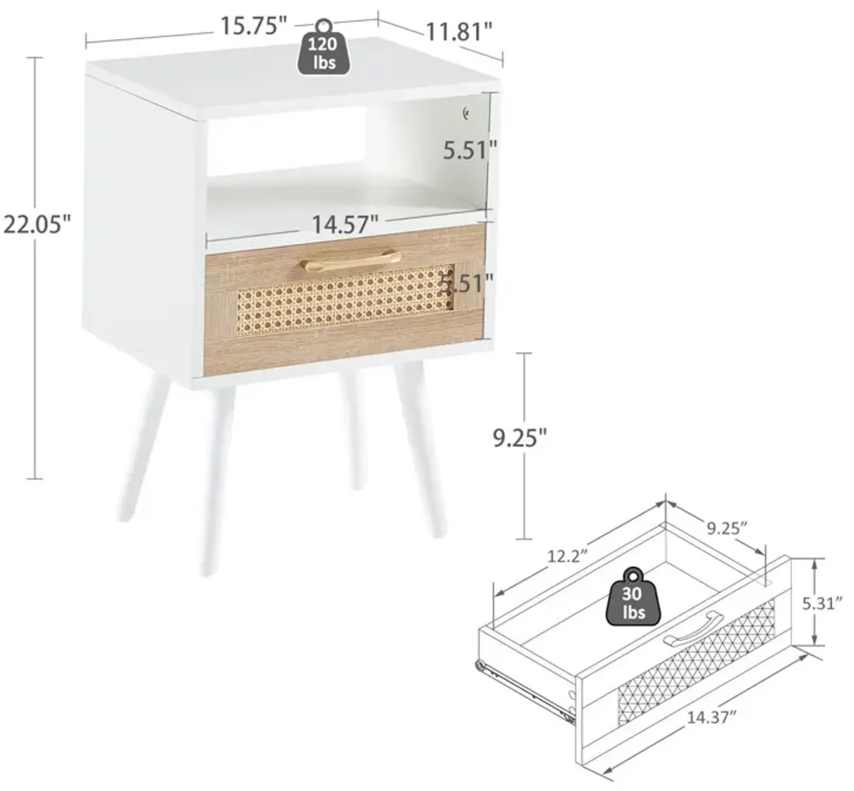 15.75" Rattan End Table With Drawer And Solid Wood Legs, Modern Nightstand, Side Table For Living Room, Bedroom