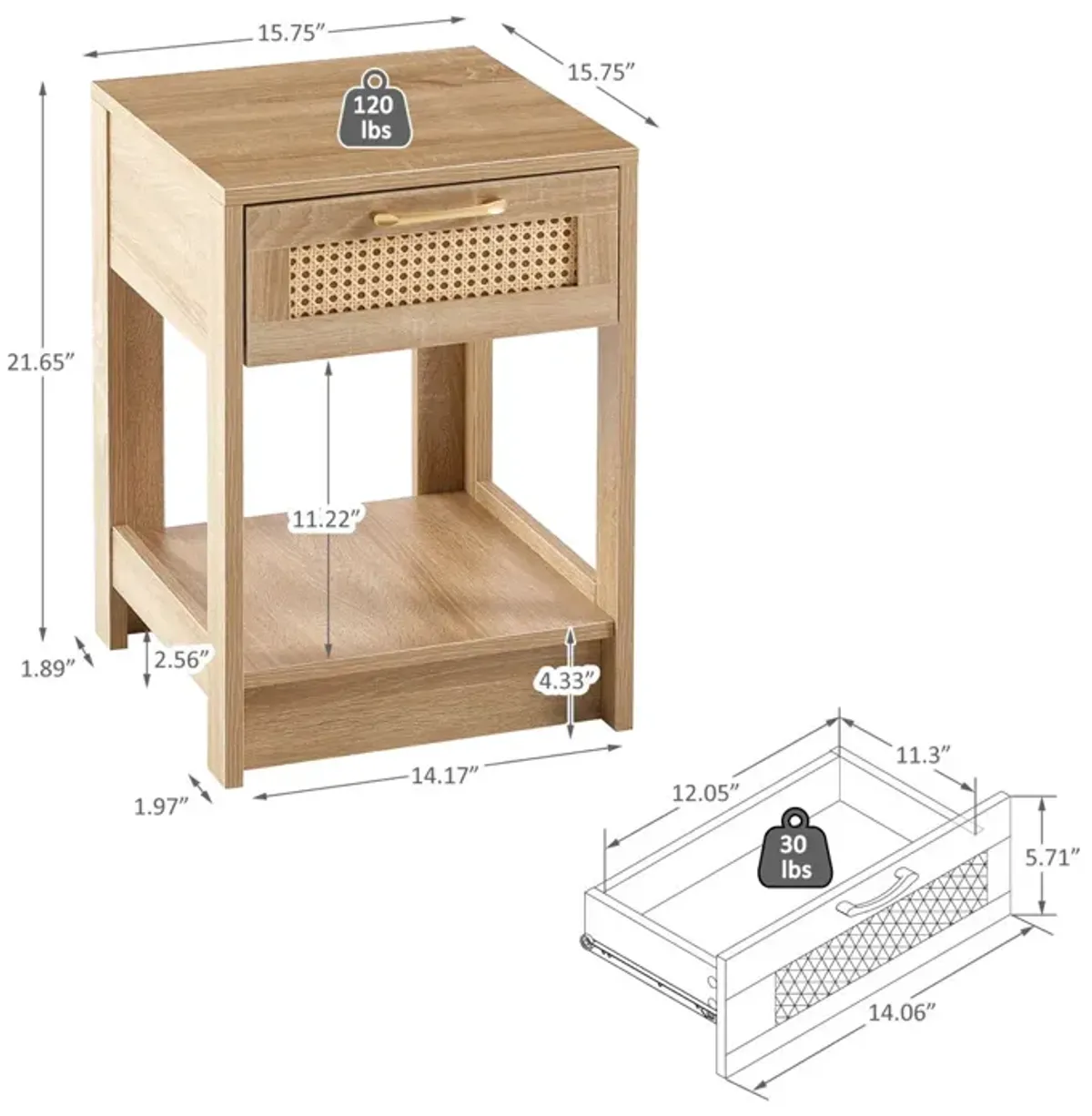 15.75" Rattan End Table With Drawer, Modern Nightstand, Side Table For Living Room, Bedroom