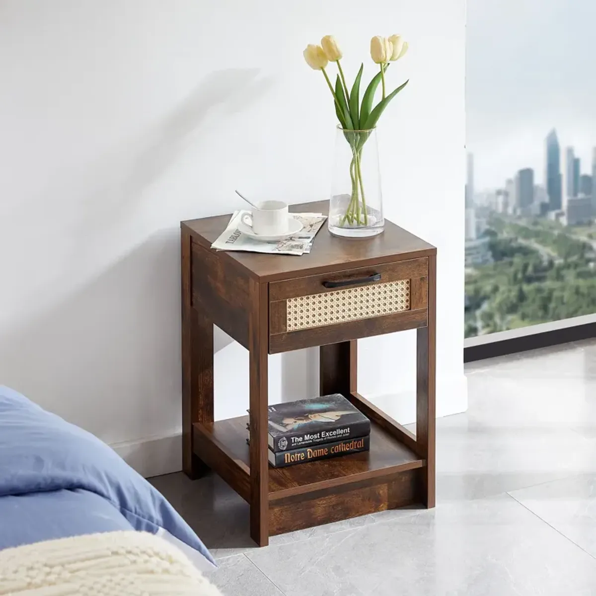 15.75" Rattan End Table With Drawer, Modern Nightstand, Side Table For Living Room, Bedroom