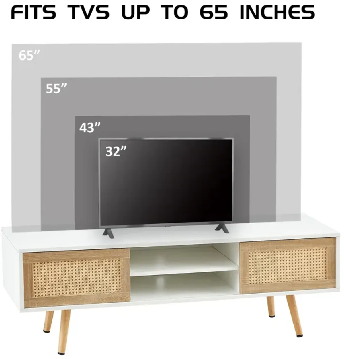 55.12" Rattan TV Cabinet, Double Sliding Doors For Storage, Adjustable Shelf, Solid Wood Legs, TV Console For Living Room