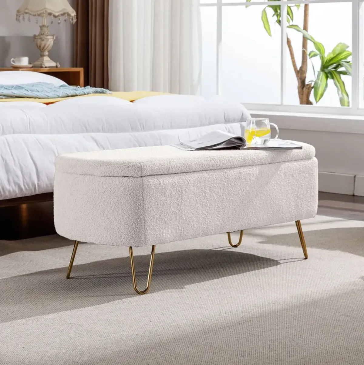 Storage Ottoman Bench For End Of Bed Gold Legs, Modern Camel Faux Fur Entryway Bench Upholstered Padded With Storage For Living Room Bedroom